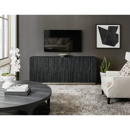 Chapman Shou Sugi Ban Entertainment Console by Hooker Furniture in charred black. Made from pine veneers in a modern style.