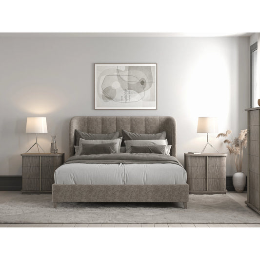 Vault Upholstered Shelter Bed by A.R.T. Furniture in gray and mink. Made from parawood solids, foam, fabric in a modern style.