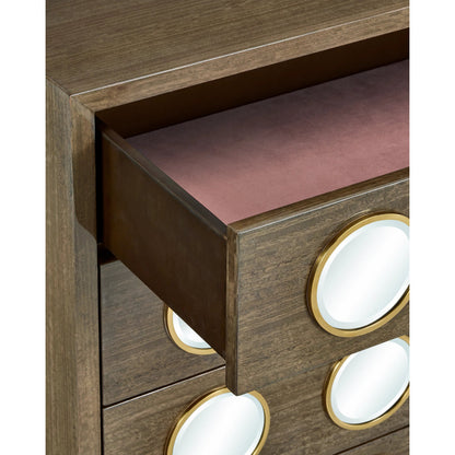 Colette Chest by Currey and Company in tawny brown, polished brass, mirror, rose. Made from figured eucalyptus, stainless steel, glass, faux velvet in a modern style.