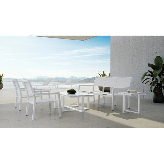 Naples Outdoor Stackable Sling Club Chair by Sunset West in white. Made from aluminum in a modern style.