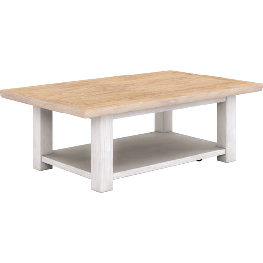 Post Rectangular Cocktail Table by A.R.T. Furniture in chestnut, accent white. Made from ash, solid pine, plank-effect flakey oak, pine veneer in a modern style.