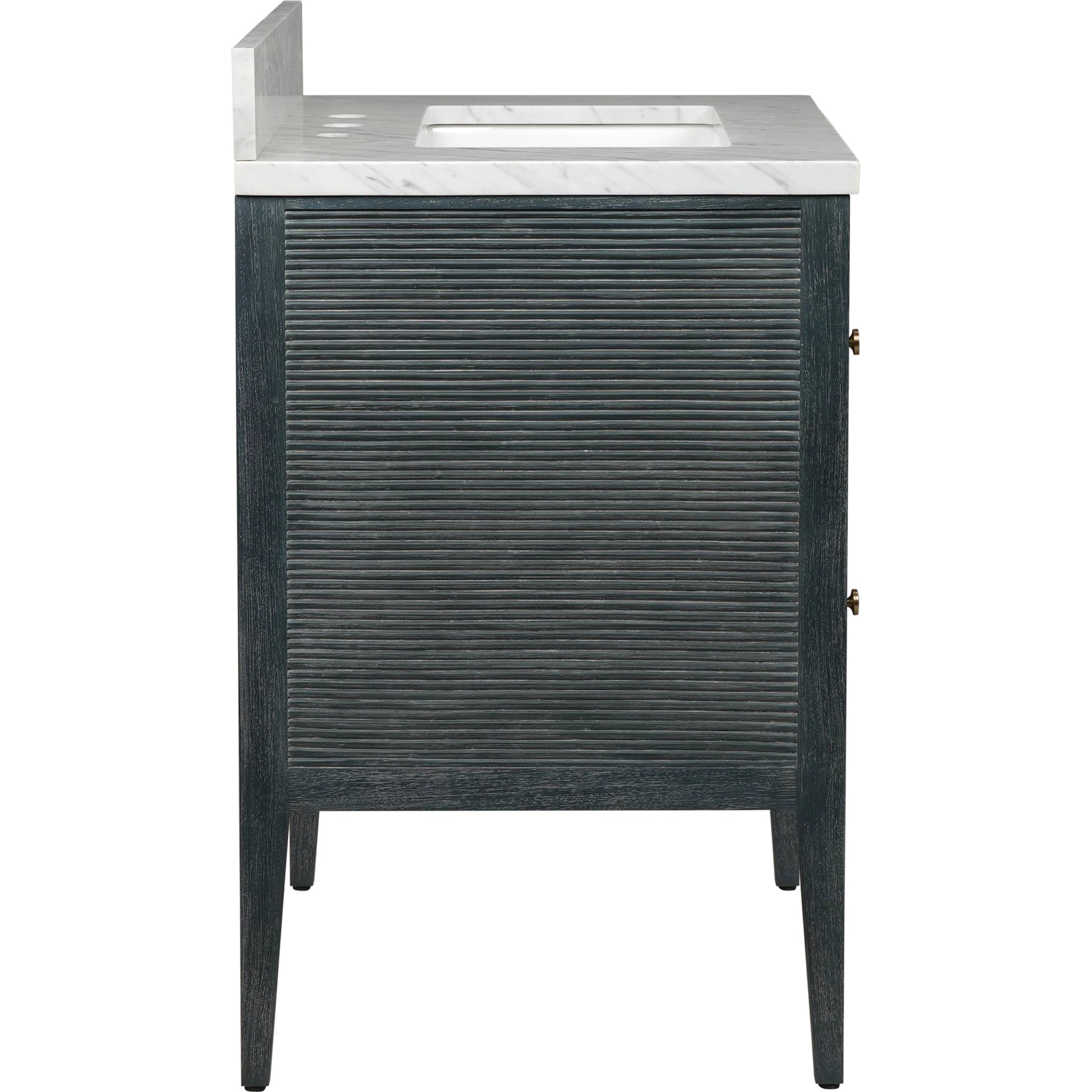 Santos 28" Vanity with Undermount Sink by Currey and Company. Made from rattan, mahogany, carrara marble, vitreous china, sungkai wood, brass in a unique style.