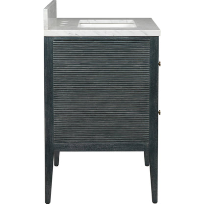 Santos 28" Vanity with Undermount Sink by Currey and Company. Made from rattan, mahogany, carrara marble, vitreous china, sungkai wood, brass in a unique style.