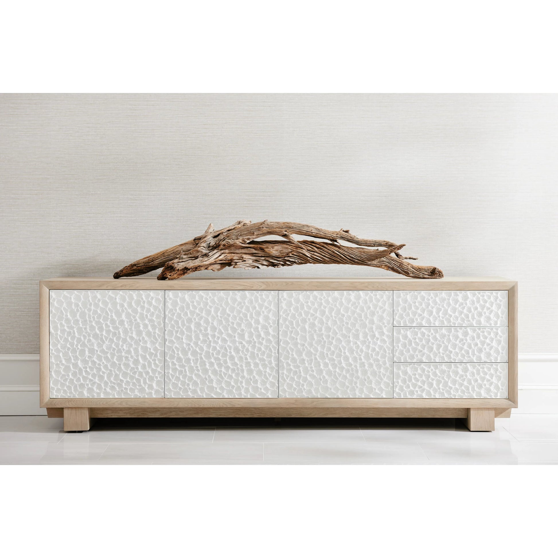 Water Pelagic Cast Metal Entertainment Console by Jonathan Charles in bleached oak. Made from oak, cast metal in a modern style.