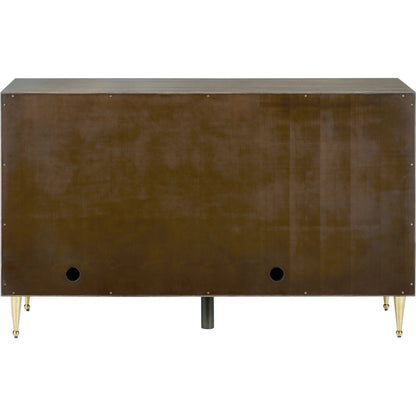 Colette Cabinet by Currey and Company in tawny brown, polished brass, mirror. Made from figured eucalyptus, stainless steel, glass in a modern style.