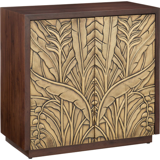 Jardin Cabinet by Currey and Company in walnut, antique brass. Made from teak wood, brass in a unique style.