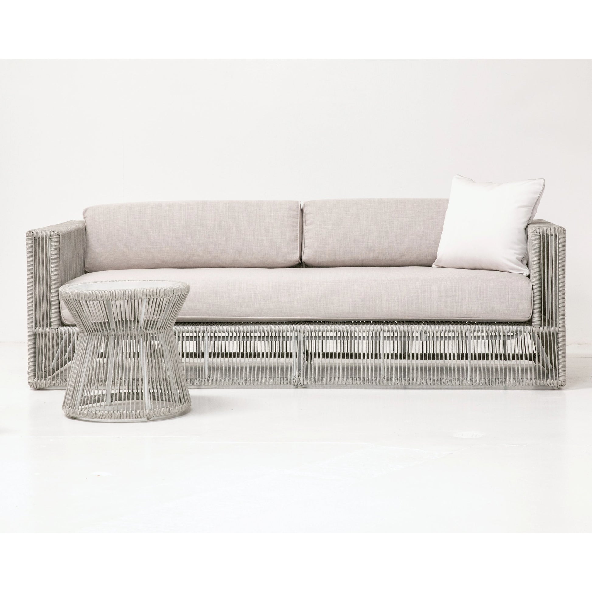 Miami Outdoor End Table by Sunset West in frost. Made from olefin rope in a coastal style.