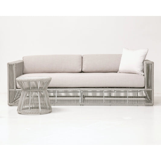 Miami Outdoor End Table by Sunset West in frost. Made from olefin rope in a coastal style.