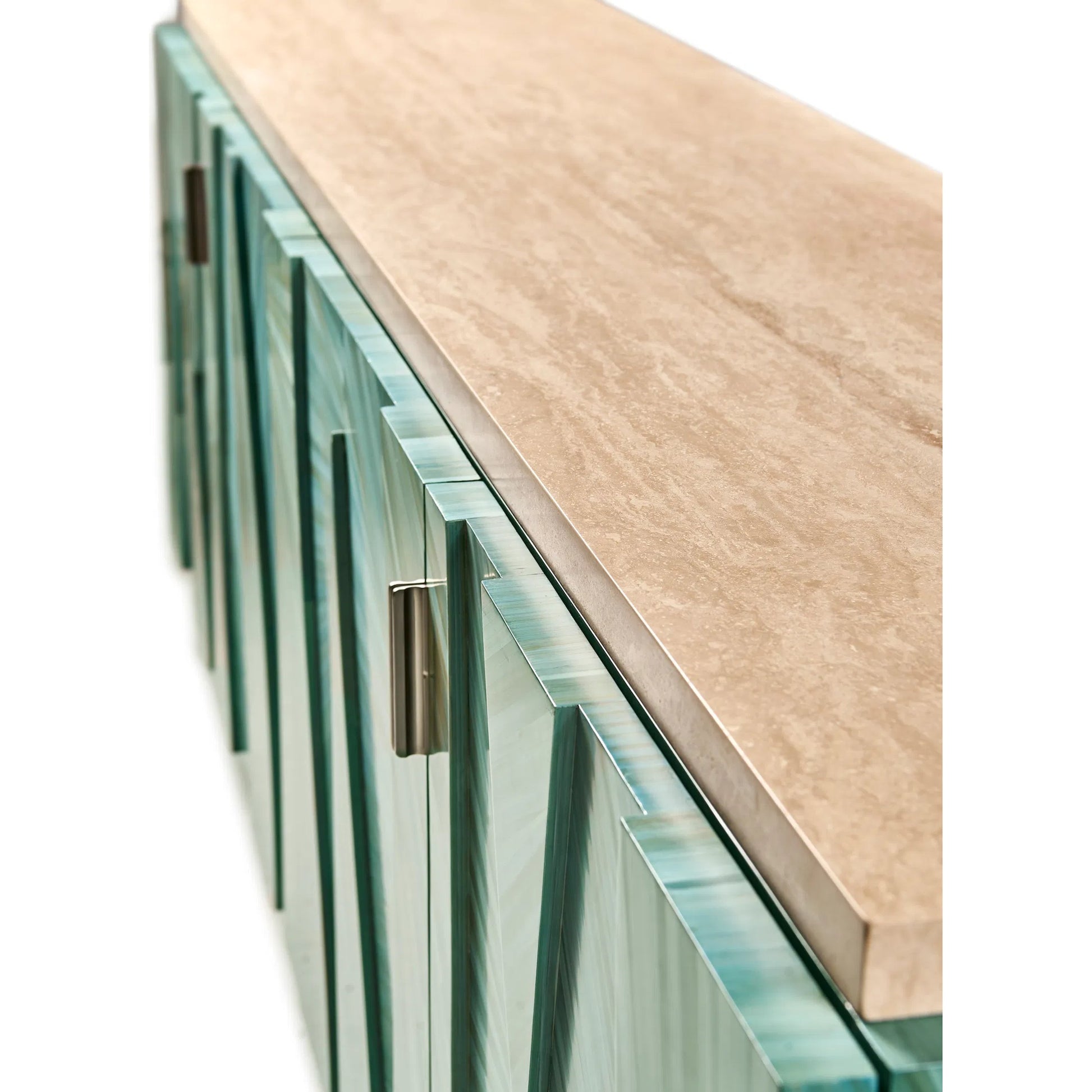 Seaglass Entertainment Console by Jonathan Charles in blue and blue straw. Made from straw, marble, stainless steel, koto veneer in a eclectic & global style.