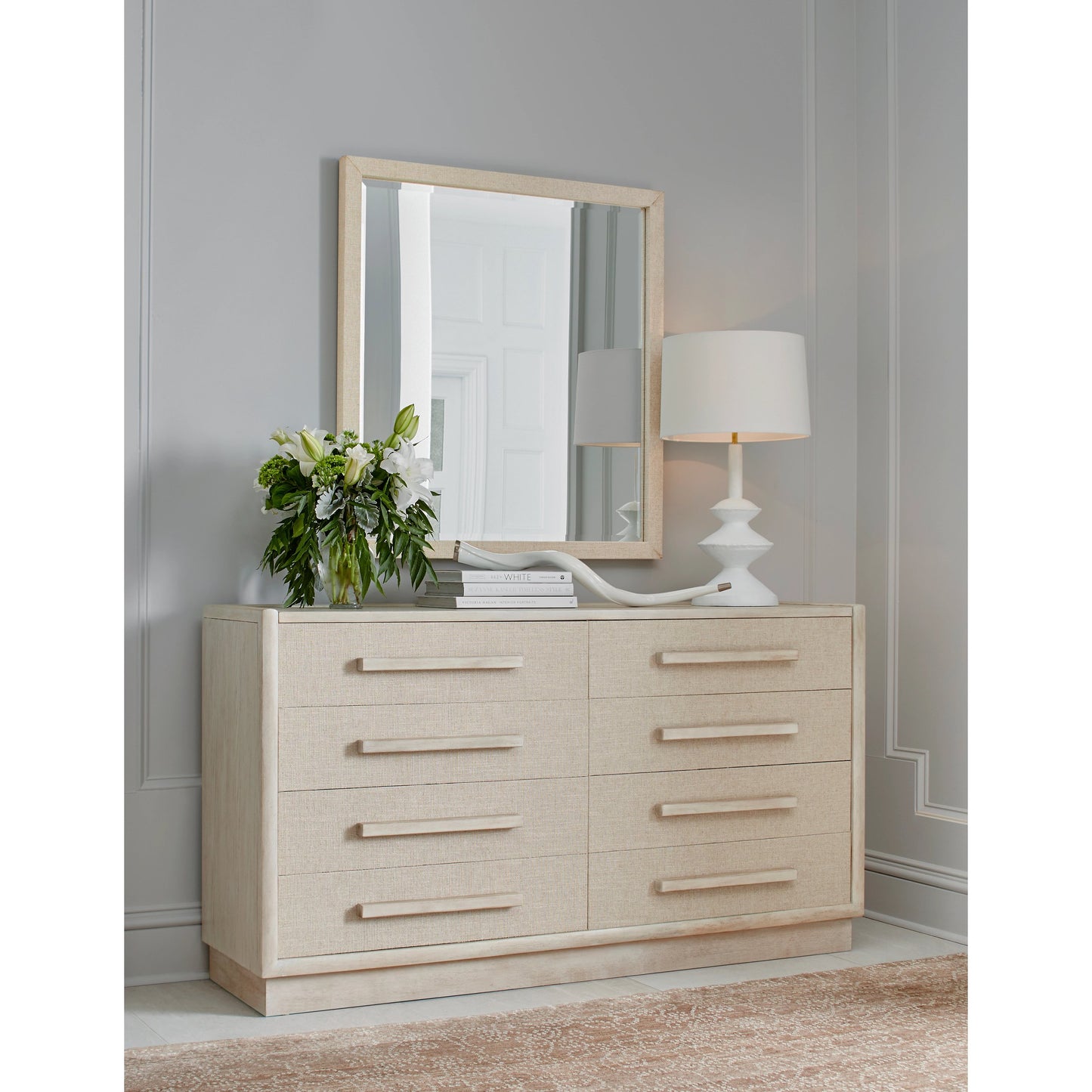 008 SI-2064976 | Lifestyle | Cotiere Dresser in Beige Linen by A.R.T. Furniture in beige linen. Made from parawood solids, mixed split cathedral and quarter white oak veneers, fabric in a modern style.