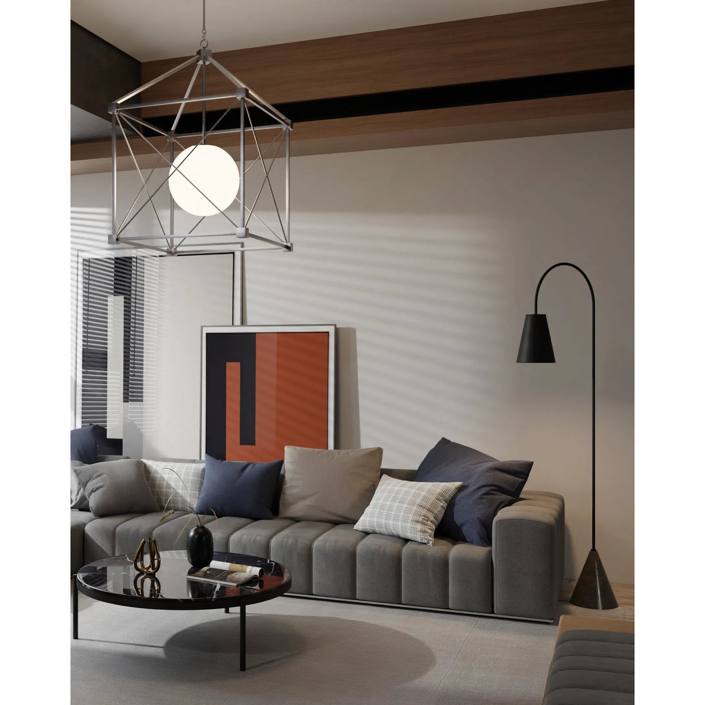 013 SR-381197 | Lifestyle | Lotz Floor Lamp by Currey and Company in black iron, silver leaf, polished concrete. Made from wrought iron, concrete in a modern style.