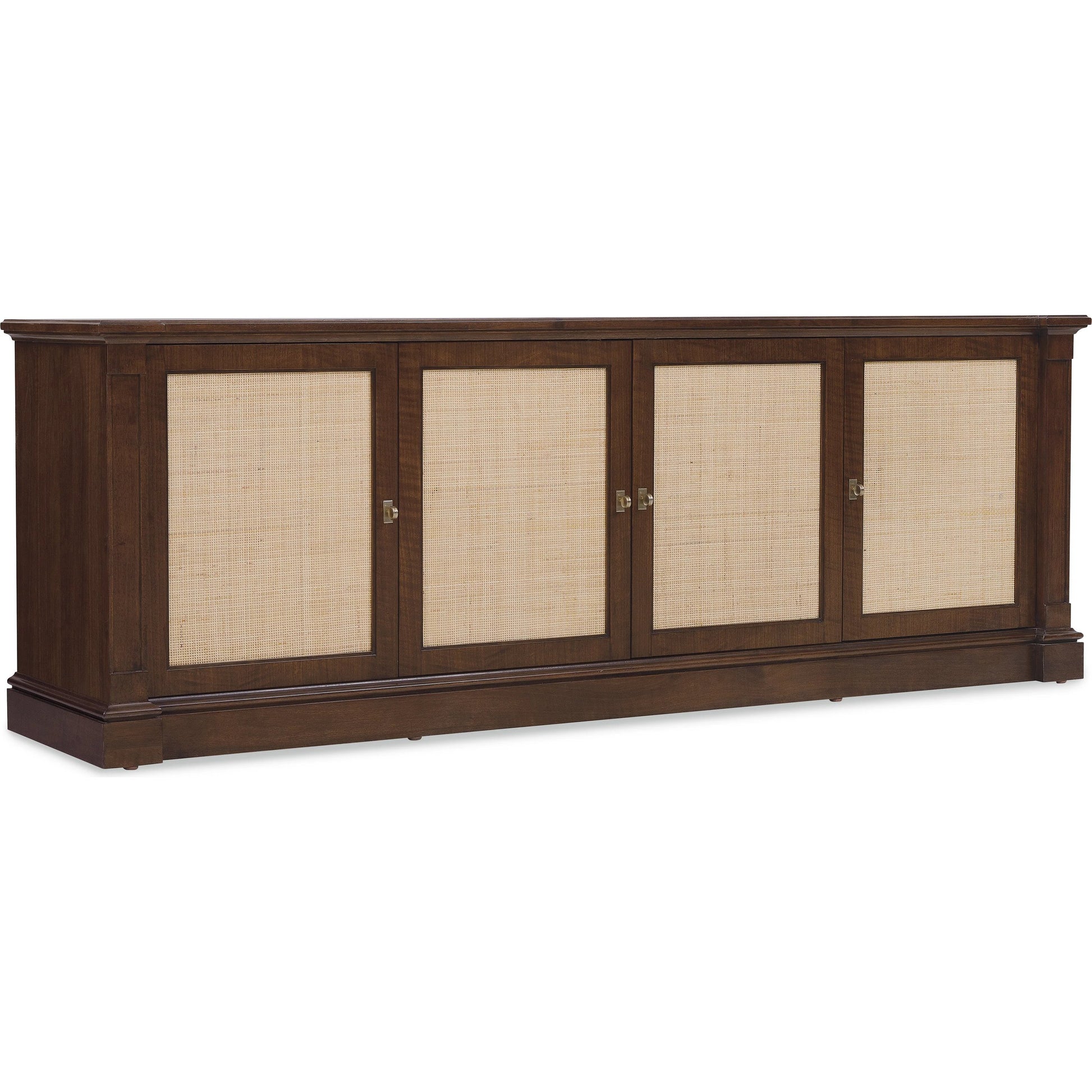 Archives Entertainment Console by Hooker Furniture in dark wood and classic walnut. Made from figured walnut veneer, raffia in a traditional style.