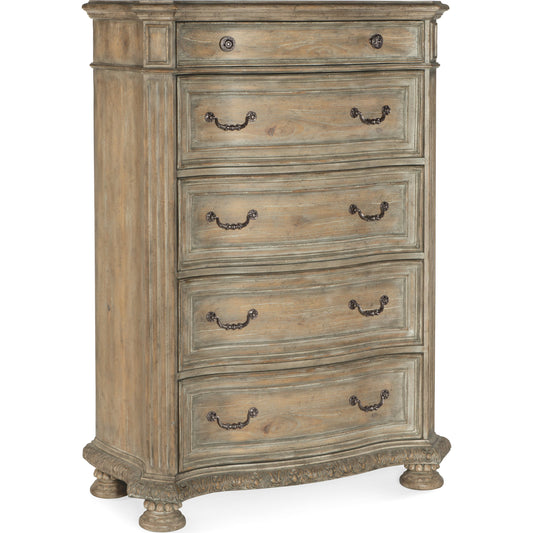 Castella Five Drawer Chest by Hooker Furniture in antique slate. Made from pecan, quartered hickory, quartered black walnut, quartered ash, maple, birch veneers with cedar drawer bottom, felt panel, solid-wood edge top in a 