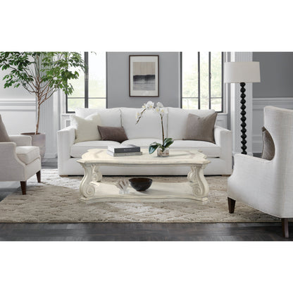 Traditions Vintage Rectangle Cocktail Table by Hooker Furniture in dark wood. Made from pine, oak, maple veneers with resin, solid-wood edge top in a cottage & farmhouse style.