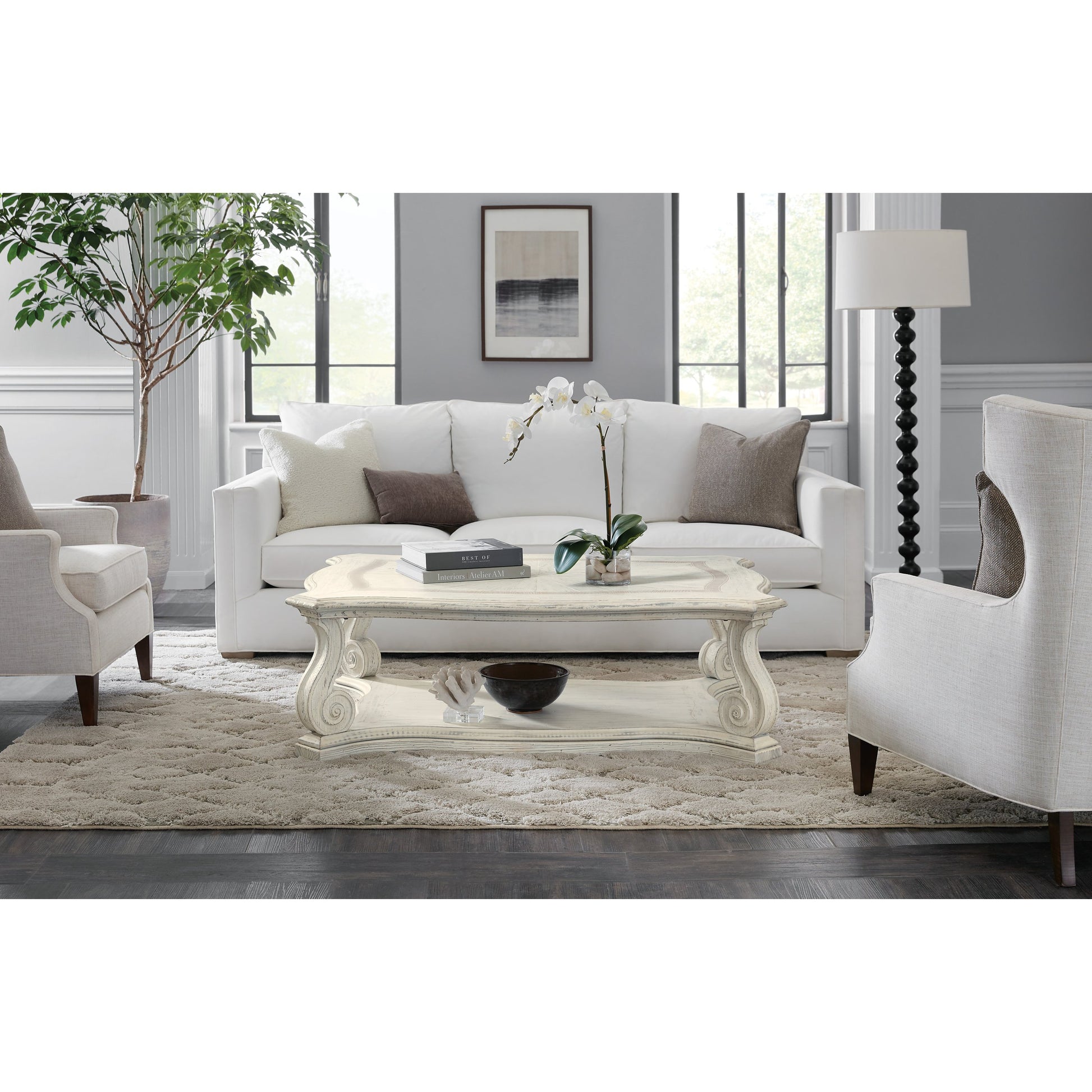 Traditions Vintage Rectangle Cocktail Table by Hooker Furniture in dark wood. Made from pine, oak, maple veneers with resin, solid-wood edge top in a cottage & farmhouse style.