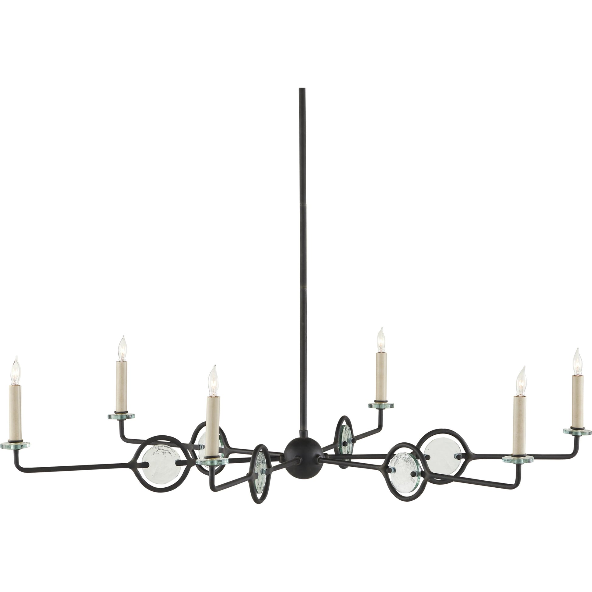 Privateer Chandelier by Currey and Company in blacksmith. Made from wrought iron, recycled glass in a modern style.