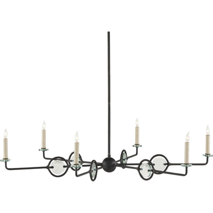 Privateer Chandelier by Currey and Company in blacksmith. Made from wrought iron, recycled glass in a modern style.