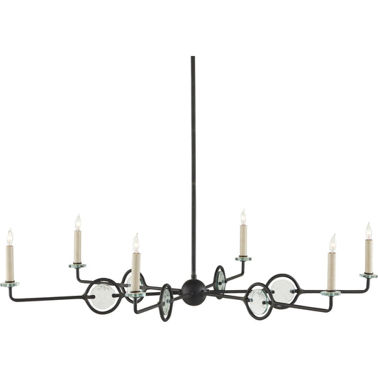 Privateer Chandelier by Currey and Company in blacksmith. Made from wrought iron, recycled glass in a modern style.