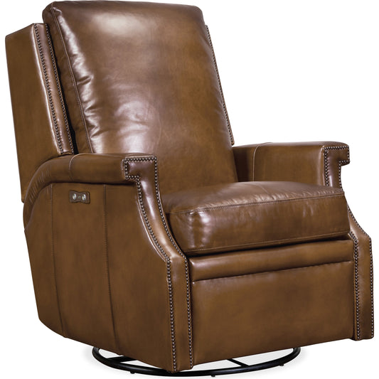 Collin Power Swivel Glider Recliner by Hooker Furniture in checkmate pawn. Made from leather in a traditional style.