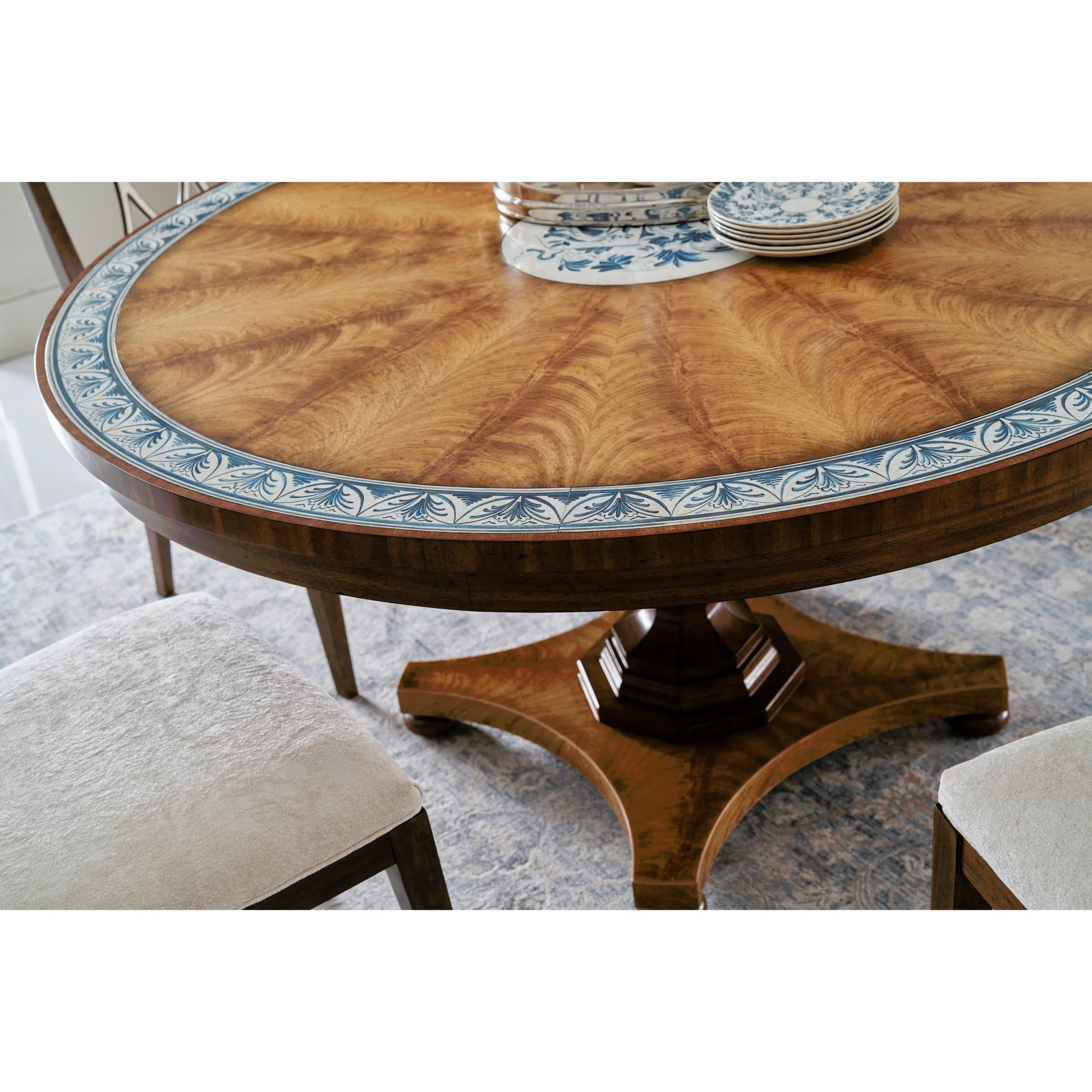 Vermeer Round Pedestal Dining Table by Jonathan Charles in brown and natural cerejeira. Made from alder, crotch cerajeria veneers, quartered acacia veneers in a traditional style.
