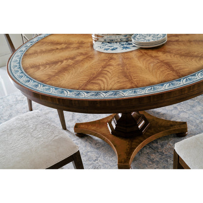 Vermeer Round Pedestal Dining Table by Jonathan Charles in brown and natural cerejeira. Made from alder, crotch cerajeria veneers, quartered acacia veneers in a traditional style.