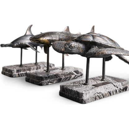 Sea Tortoise Bronze Statue with Marble Base by Jonathan Charles in dark rustic waxed bronze. Made from main brass in a unique style.