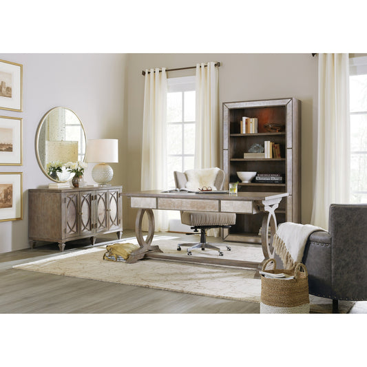 Rustic Glam Trestle Desk by Hooker Furniture in soft white oak. Made from quartered white oak veneers, glass in a cottage & farmhouse style.