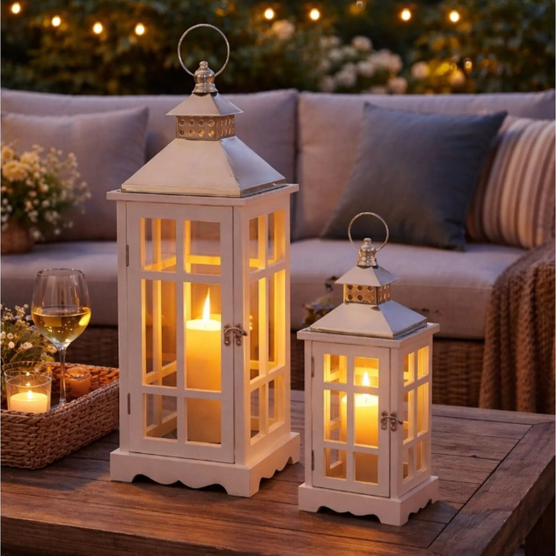 Amelie White Lantern Set by Zentique in distressed metal and black. Made from wood in a unique style.