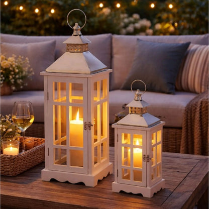 Amelie White Lantern Set by Zentique in distressed metal and black. Made from wood in a unique style.