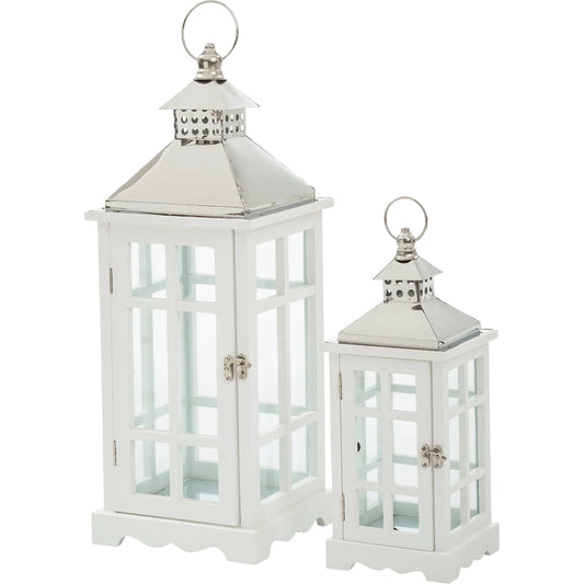 Amelie White Lantern Set by Zentique in distressed metal and black. Made from wood in a unique style.