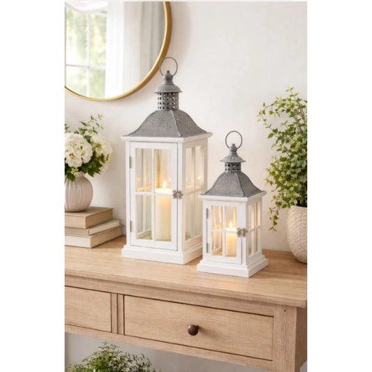 Elise White Lantern Set by Zentique in white and black. Made from wood in a unique style.