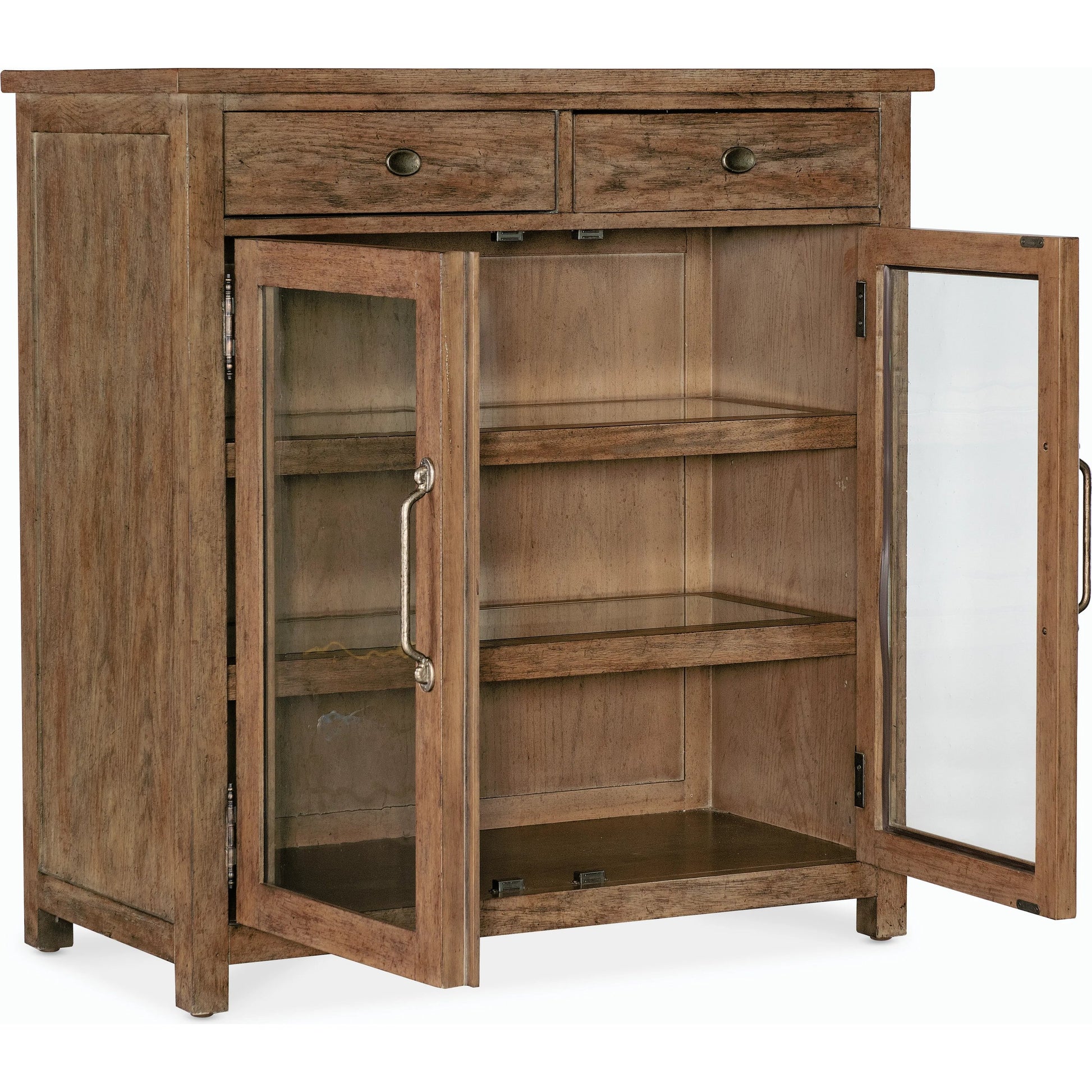 Americana Pie Chest by Hooker Furniture in brown and honey finish. Made from oak veneer with light, seeded glass and tempered glass in a modern style.
