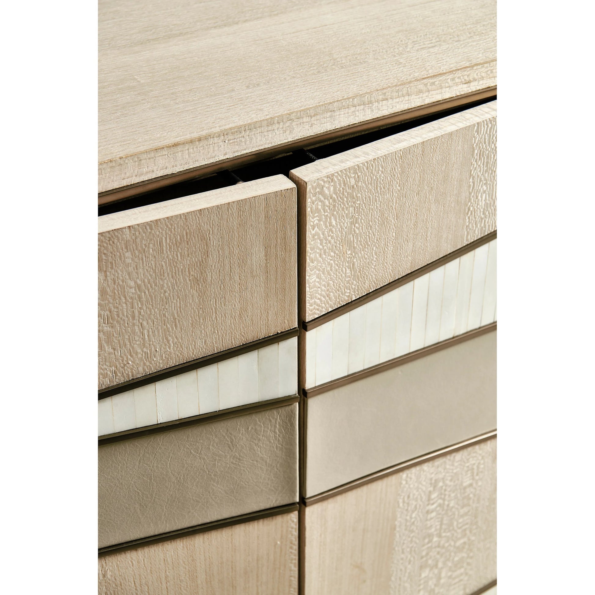 Water Breaker Mixed Media Credenza by Jonathan Charles in beige and ash blonde. Made from dyed koto veneer, bone, leather, metal in a transitional style.