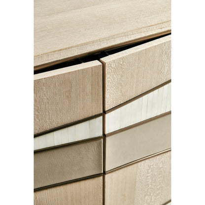 Water Breaker Mixed Media Credenza by Jonathan Charles in beige and ash blonde. Made from dyed koto veneer, bone, leather, metal in a transitional style.