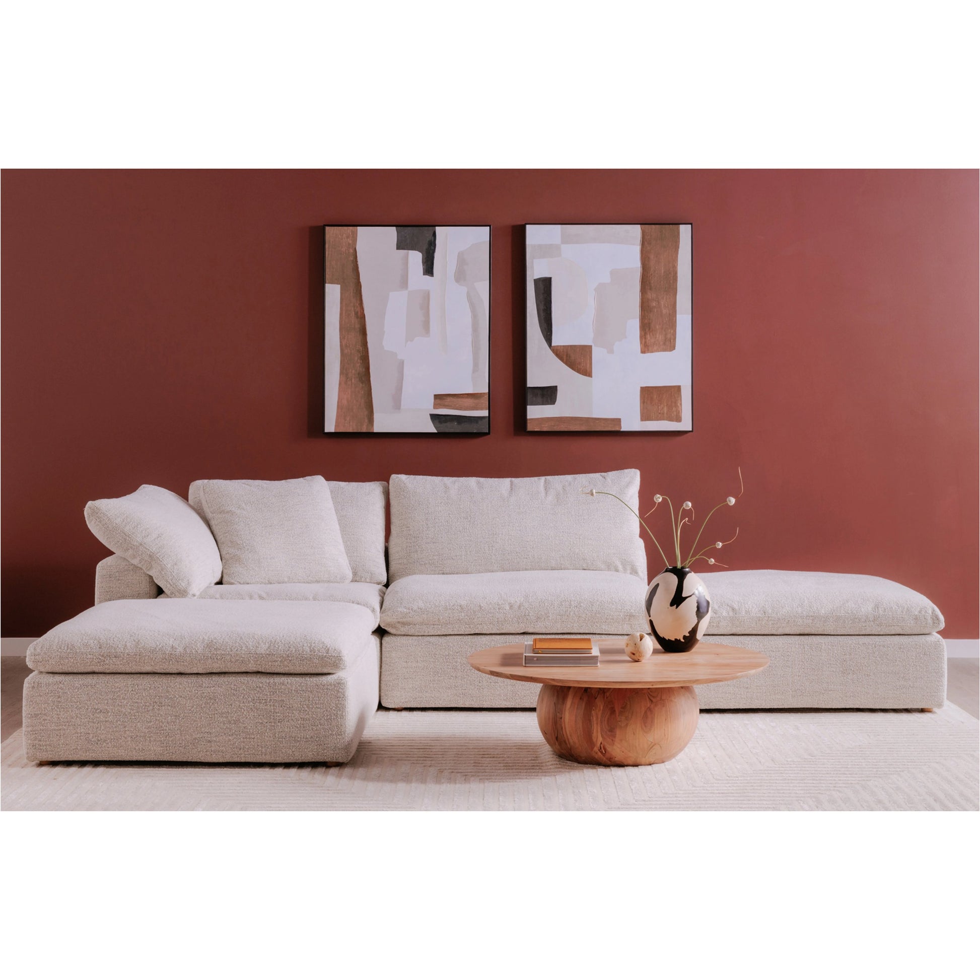 Clay Ottoman by Moe's Home Collection in coastside sand. Made from upholstery: neverfear™ fabric, 100% polyester, plywood frame, 50% feather, fibre blend channeled in a modern style.