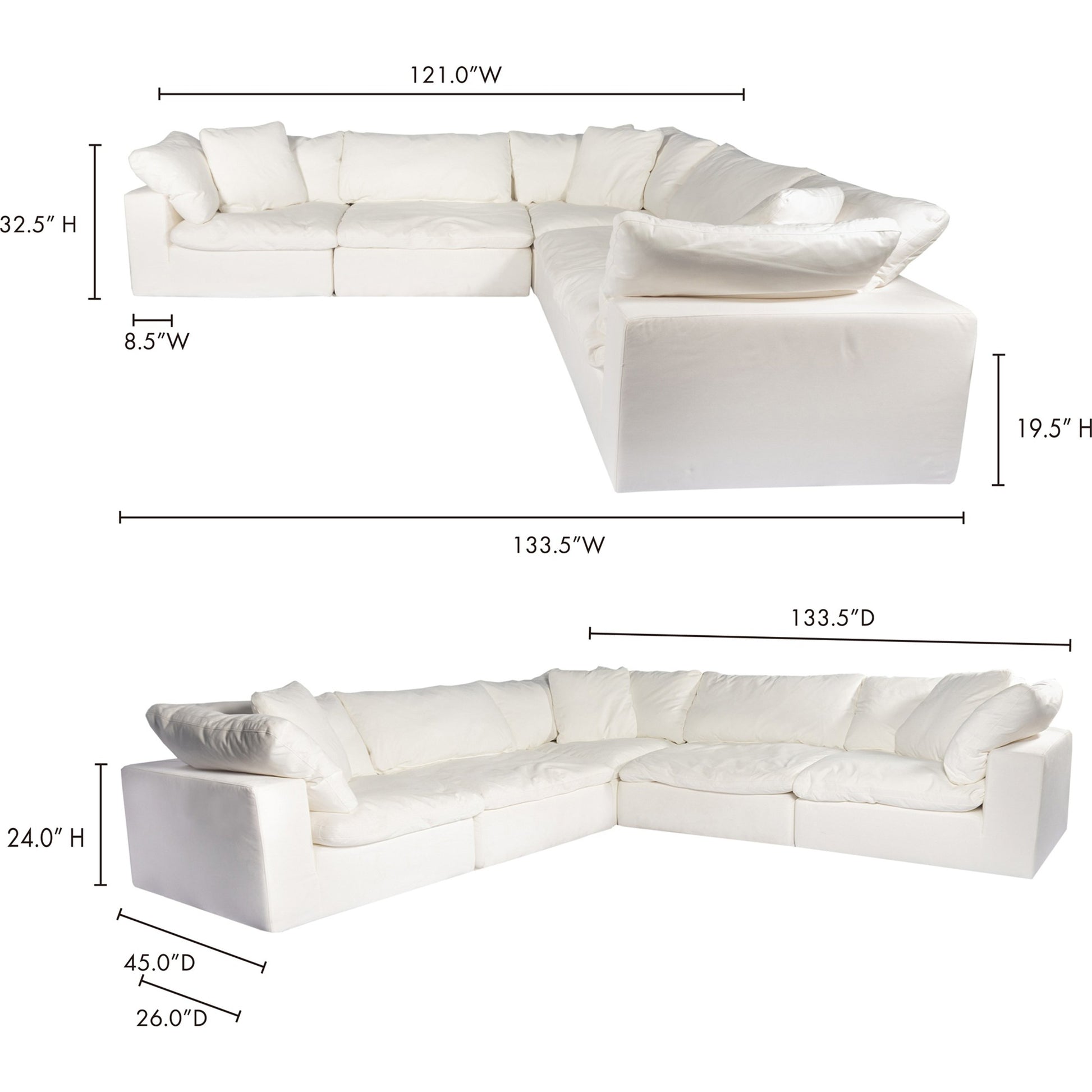 Clay Classic L Modular Sectional by Moe's Home Collection. Made from 100% polyester livesmart stain resistant fabric, feather-fiber blend channeled, plywood frame, 50% feather-fiber blend channeled, 50% feather, fibre blen