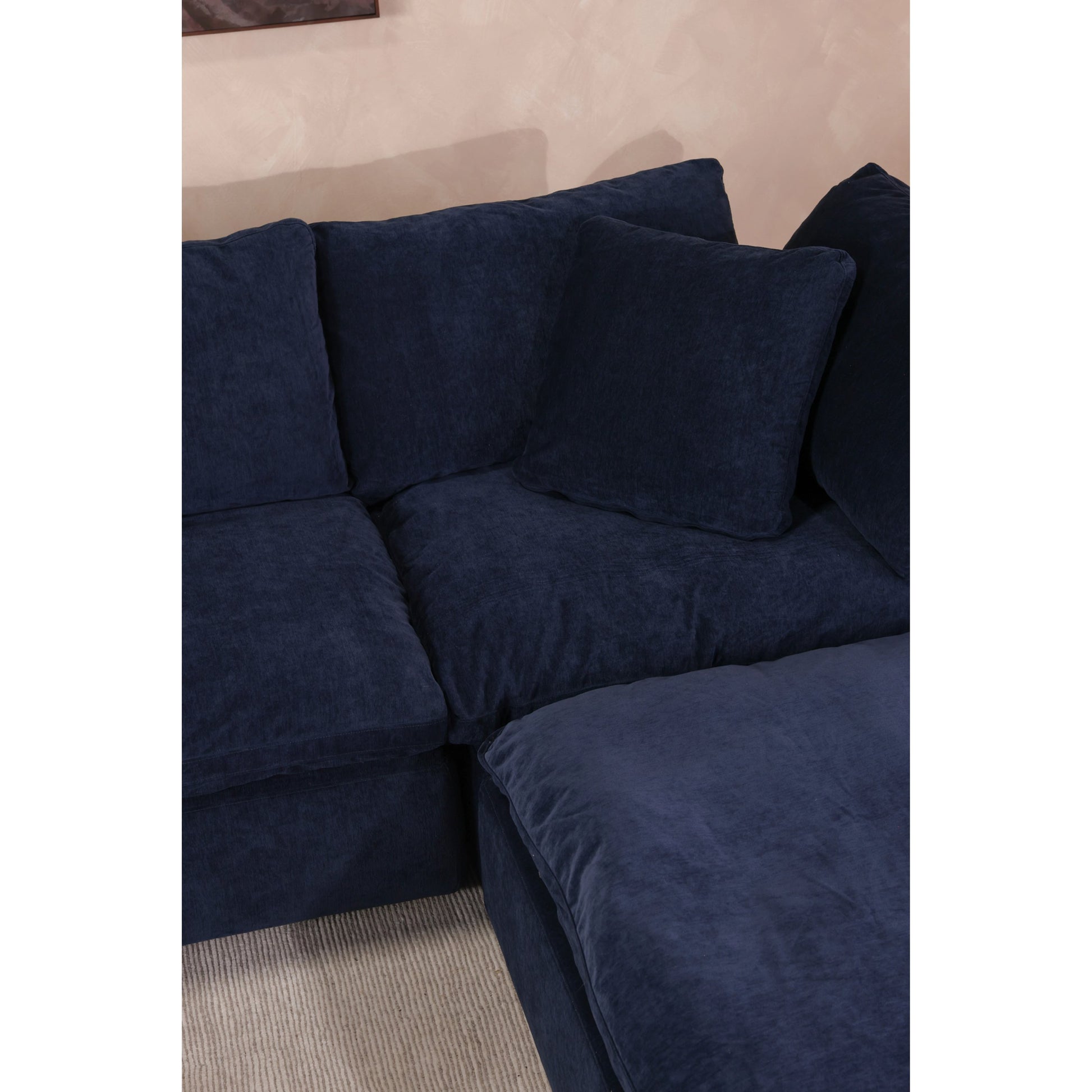 Terra Corner Chair by Moe's Home Collection in nocturnal sky. Made from upholstery: 100% polyester resist performance fabric, plywood frame, 50% feather, fiber-fill, 20% feather in a modern style.