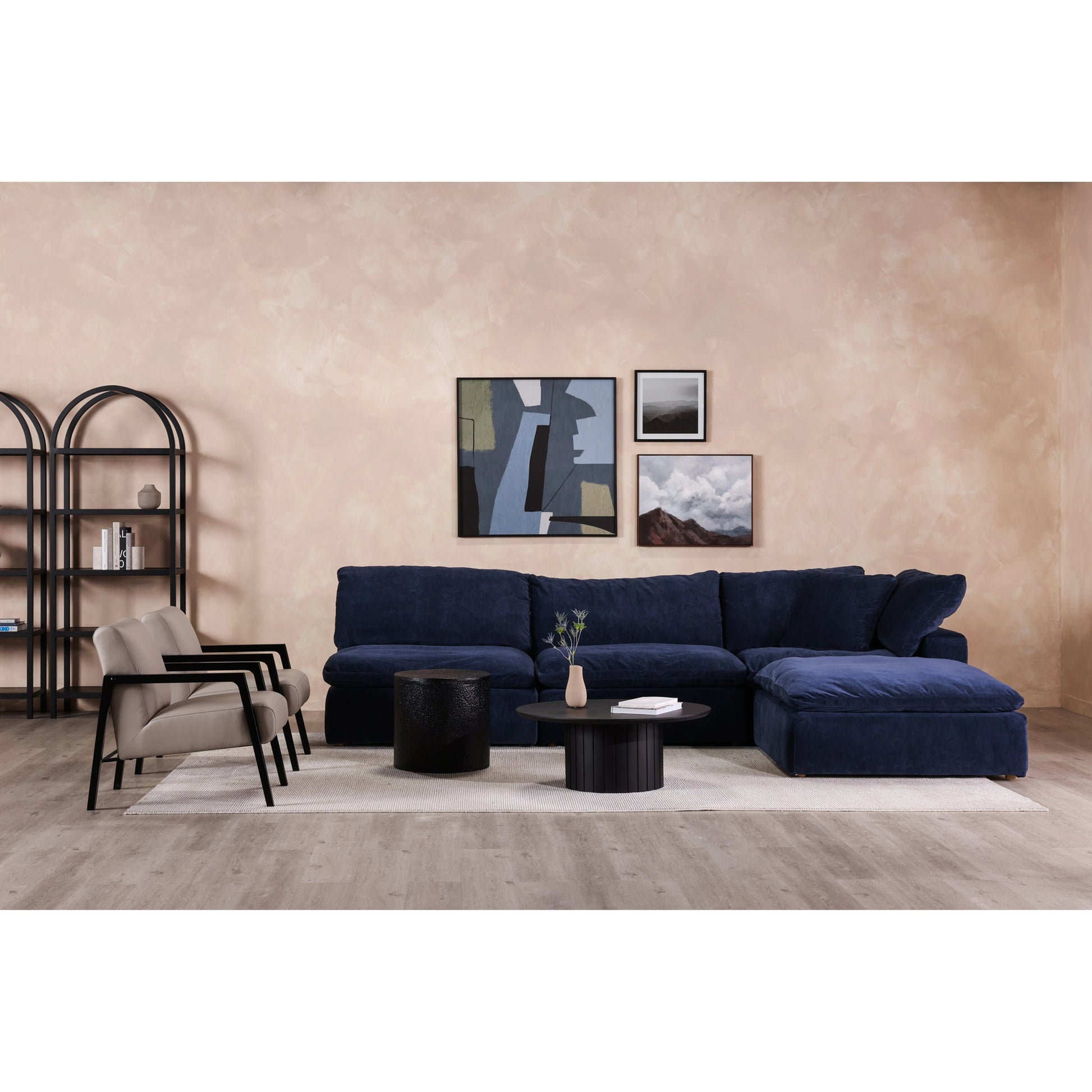 Terra Corner Chair by Moe's Home Collection in nocturnal sky. Made from upholstery: 100% polyester resist performance fabric, plywood frame, 50% feather, fiber-fill, 20% feather in a modern style.