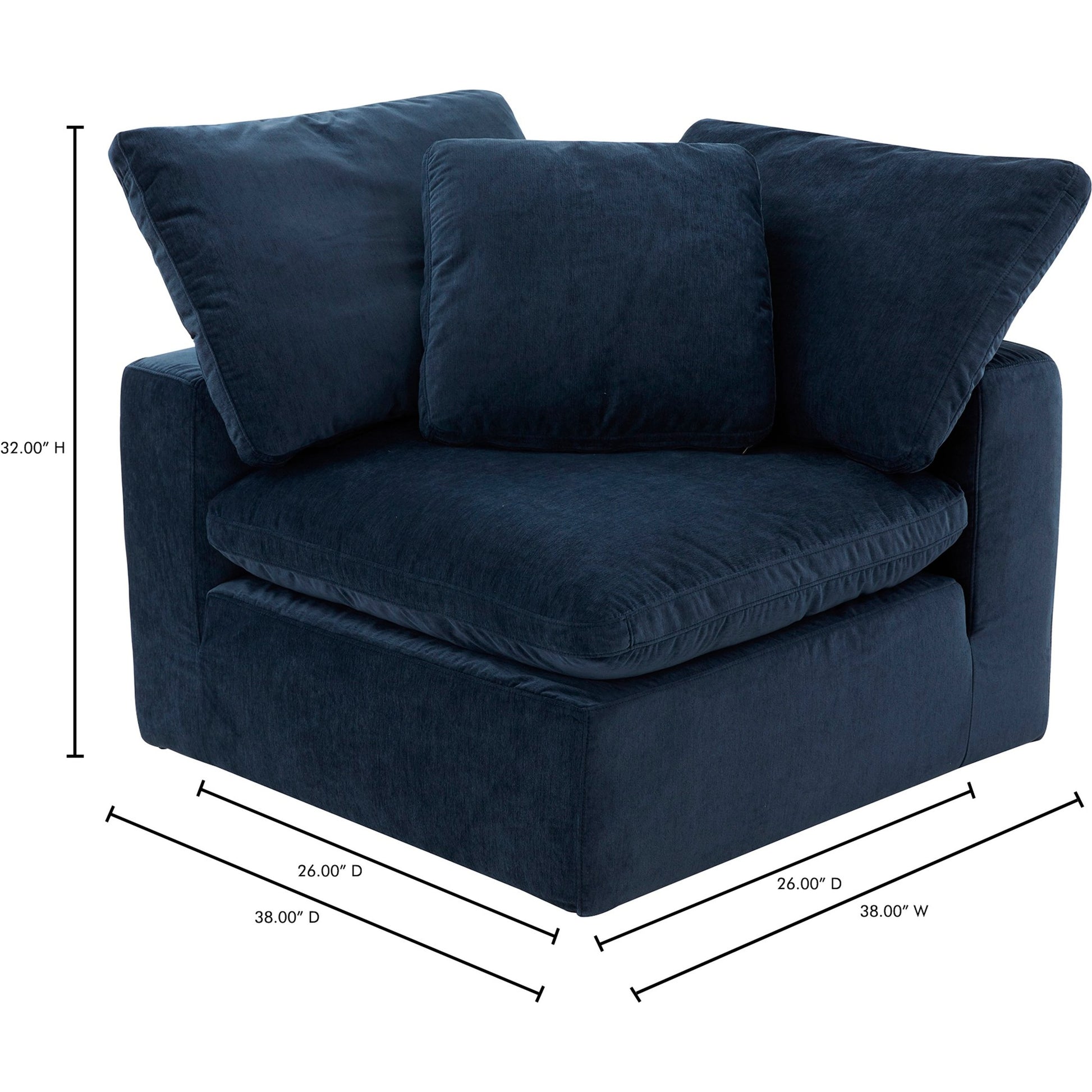 Terra Corner Chair by Moe's Home Collection in nocturnal sky. Made from upholstery: 100% polyester resist performance fabric, plywood frame, 50% feather, fiber-fill, 20% feather in a modern style.