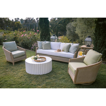 Cambria Outdoor Sofa by Sunset West in light wood. Made from teak in a rustic style.