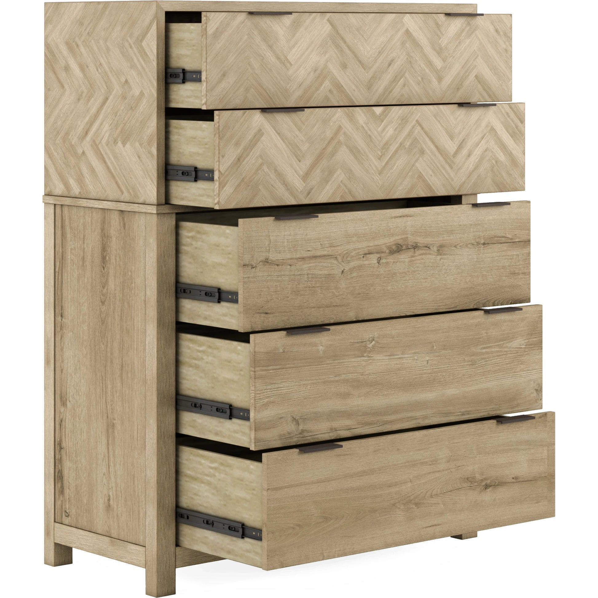 Garrison Drawer Chest by A.R.T. Furniture in washed oak, burnished brass. Made from parawood solids with ash embossing, white oak veneers, metal in a cottage & farmhouse style.