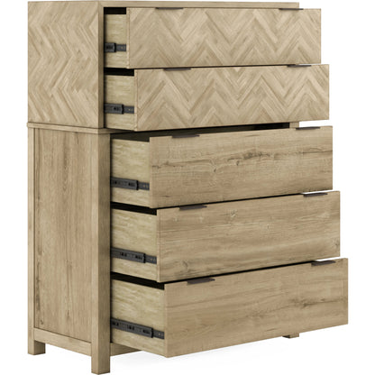 Garrison Drawer Chest by A.R.T. Furniture in washed oak, burnished brass. Made from parawood solids with ash embossing, white oak veneers, metal in a cottage & farmhouse style.