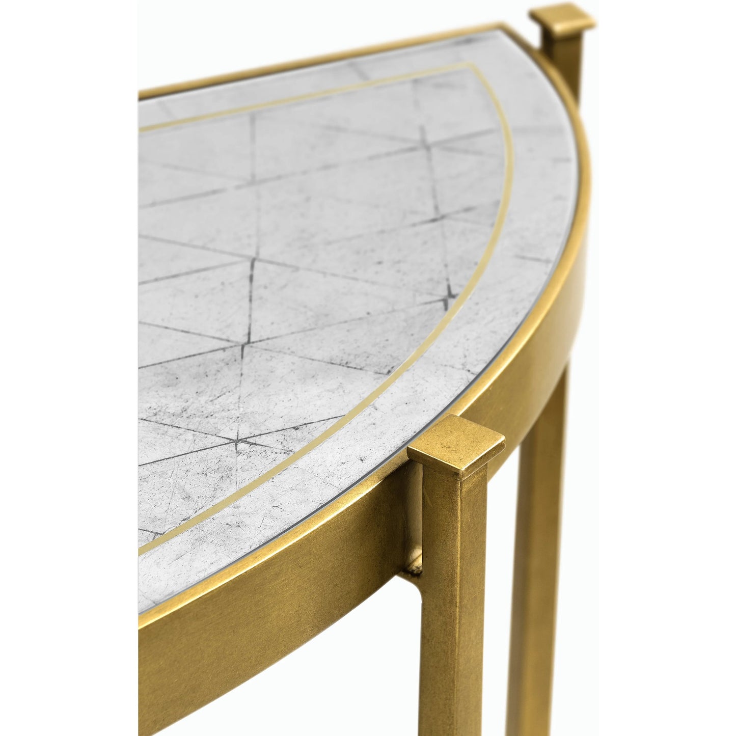 017 SR-847060 | Closeup | Luxe Large Half Moon Console Table by Jonathan Charles in gold and gilded iron. Made from iron in a transitional style.