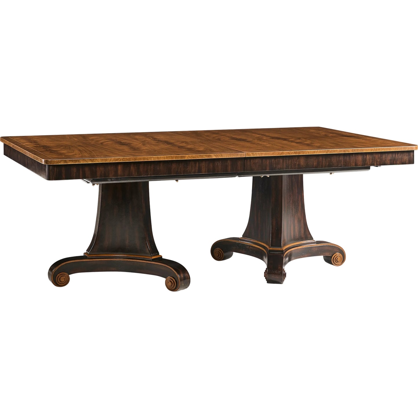 001 SI-2252674 | Primary Silo | Rosette Dining Table by Jonathan Charles in medium crotch walnut. Made from celejeria veneer, brass, acacia veneer, beech, plywood in a modern style.