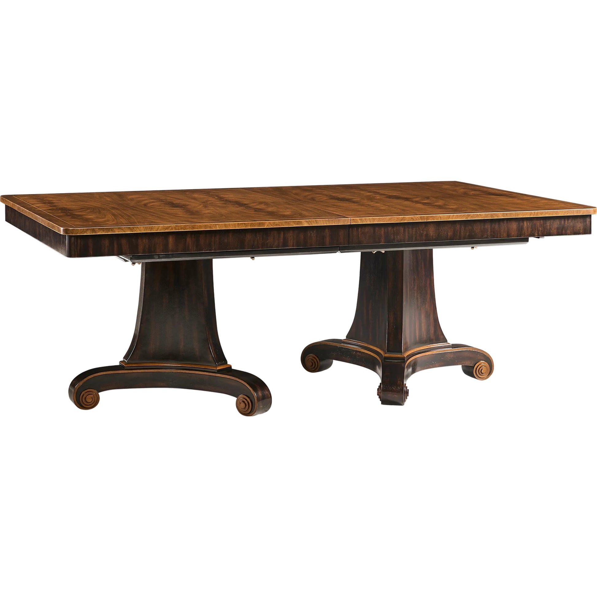 Rosette Dining Table by Jonathan Charles in medium crotch walnut. Made from celejeria veneer, brass, acacia veneer, beech, plywood in a modern style.