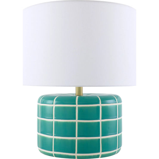 Yake Accent Table Lamp by Surya in teal. Made from iron, linen, polyester in a eclectic & global style.