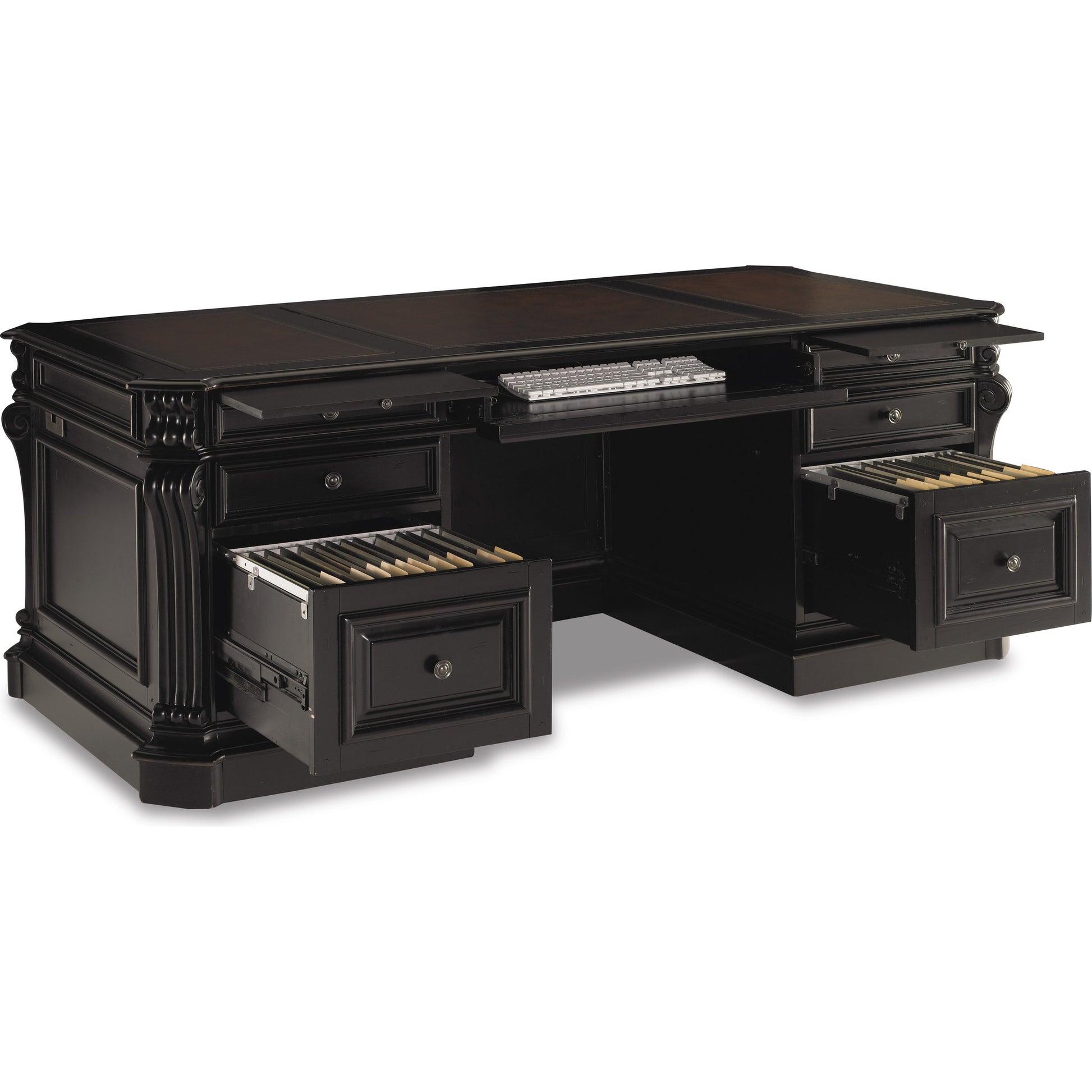 Telluride Executive Desk by Hooker Furniture in black. Made from cherry veneers with carved leather, nailhead trim, high quality bonded leather in a traditional style.