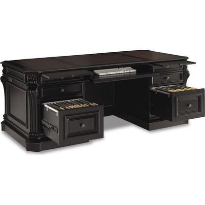 Telluride Executive Desk by Hooker Furniture in black. Made from cherry veneers with carved leather, nailhead trim, high quality bonded leather in a traditional style.
