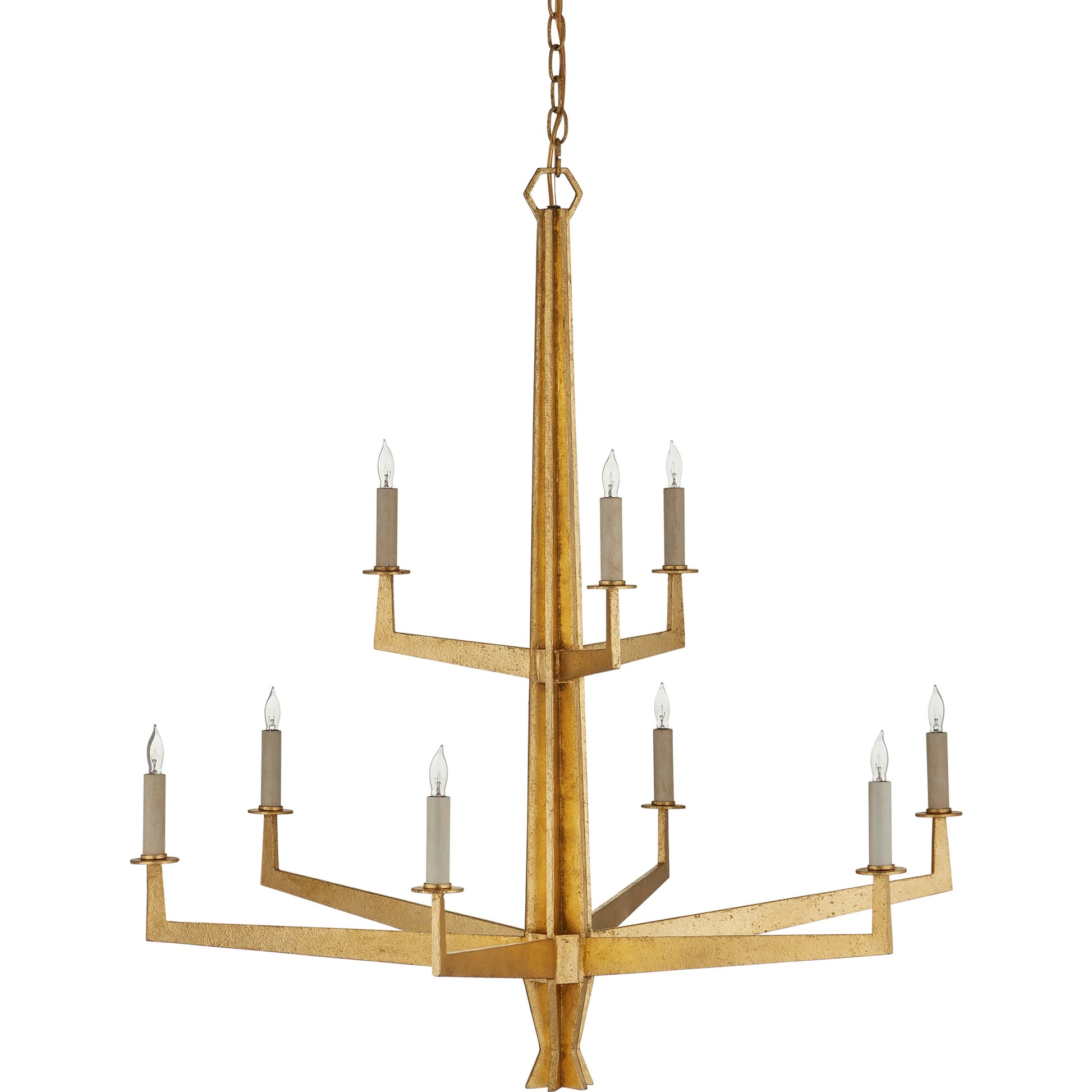 Goldfinch Chandelier by Currey and Company in washed lucerne gold. Made from wrought iron in a modern style.