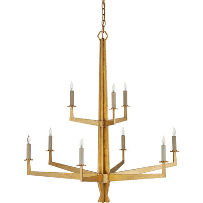 Goldfinch Chandelier by Currey and Company in washed lucerne gold. Made from wrought iron in a modern style.